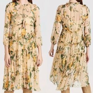O.P.T. Women's L Selena Midi Dress Floral Chiffon Tiered Boho Feminine Prairie